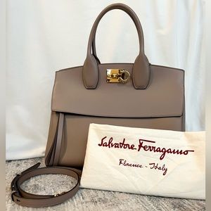 SALVATORE FERRAGAMO Studio Leather Top Handle Bag in Color Mud
